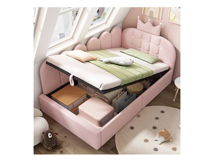 MODFU Polsterbett 90x190 cm mit Stauraum, aus Samt, Kronen-Design (Packung, 1-tlg., Hydraulischer Stauraum & Kronen-Gitter-Design), Ideal für Kinder- & Gästezimmer, ohne Matratze