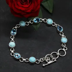 Drachensilber Blauer Topas mit Larimar Armschmuck Silber Armband 925 Silber Damen - Silber;Blau