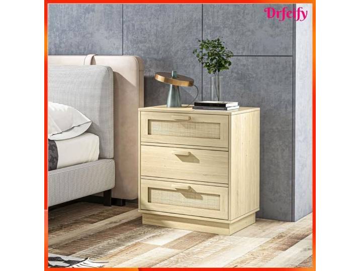 Commode - AKOZON - 11883 - 3 tiroirs - style cannage bohème - bois naturel