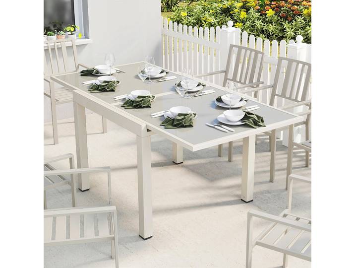 Outsunny Table Extensible Aluminium Plateau Verre Trempé Crème Extérieur