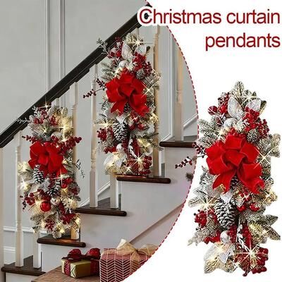 Inspire Select Pre Lit Christmas Staircase Garland Swag With Red Bows Lighted Holiday Stairway & Door Decor Greenery Pre Lit Christmas Staircase Garland Swag With Red Bows Lighted Holiday Stairway & Door Decor Greenery