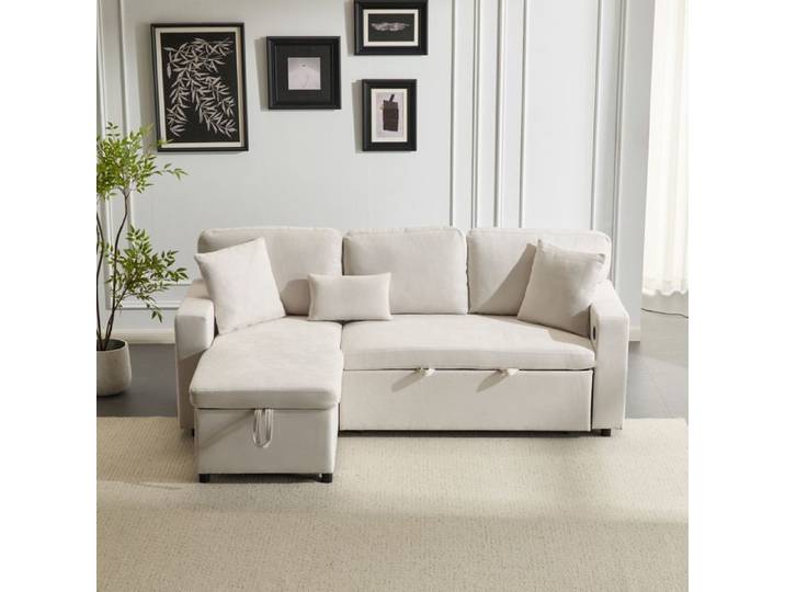 Canapé d'angle convertible avec rangements et USB Beige Maisentiel
