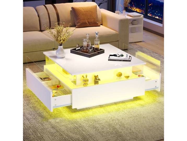 Table basse LED laquée brillante 70x70x41cm 2 tiroirs surface transparente charge 30kg salon moderne élégant