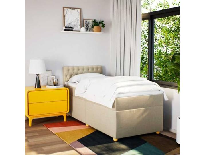 KTHLBRH Bettgestell mit Taschenfederkernmatratze 80 x 200 cm Creme Struktur aus Polyester mit Lattenrost, Kopfteil inklusive, waschbarer Matratzenbezug, personalisierte Unterstützung