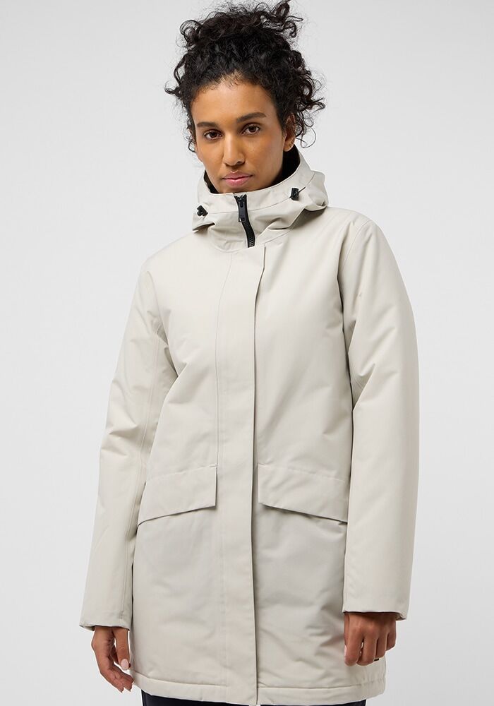 Funktionsmantel JACK WOLFSKIN "TEMPELHOF COAT W", Damen, Gr. S (36), beige (seal), Obermaterial: 100% Polyester. Futter: 100% Polyester. Füllung: 100% Polyester, Mäntel Funktionsmantel seal S (36)