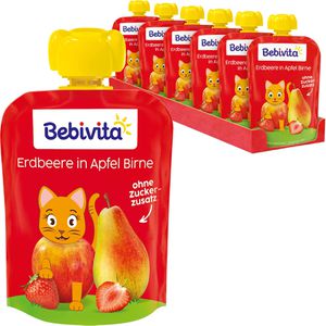 Bebivita Fruchtpüree Erdbeere in Apfel Birne,100% Frucht, Apfel, Birne & Erdbeere, je 120 g, 6 Stück