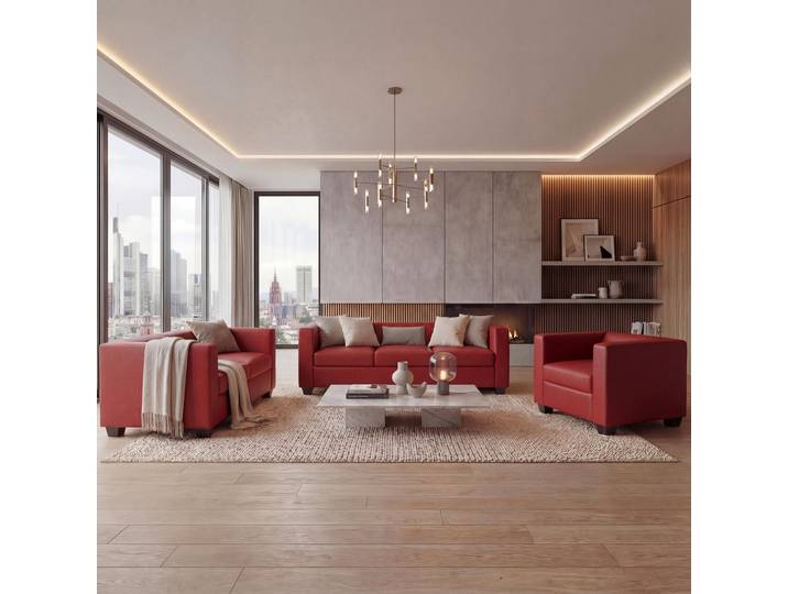 3-2-1 Sofagarnitur Couchgarnitur Loungesofa Lille, Leder Rot