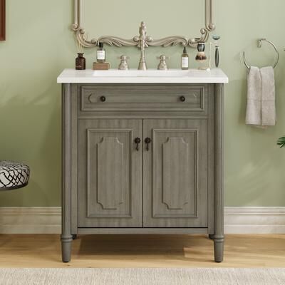 30 Inches Vintage Bathroom Vanity with Sink, Rustic Bathroom Cabinet with Soft Close Doors and Adjustable Shelf