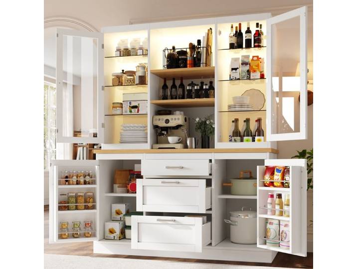 SENVIRO Buffet de cuisine 140 x 40 x 185 cm 3 tiroirs plan de travail LED RGB par application blanc
