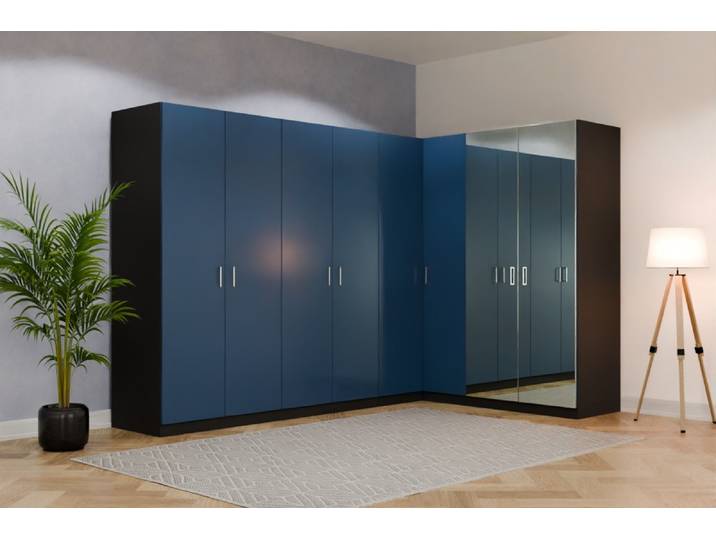 Eckkleiderschrank nach Maß - RAL 5000 Violettblau - B320xB151xH220cm - Individuell konfigurieren