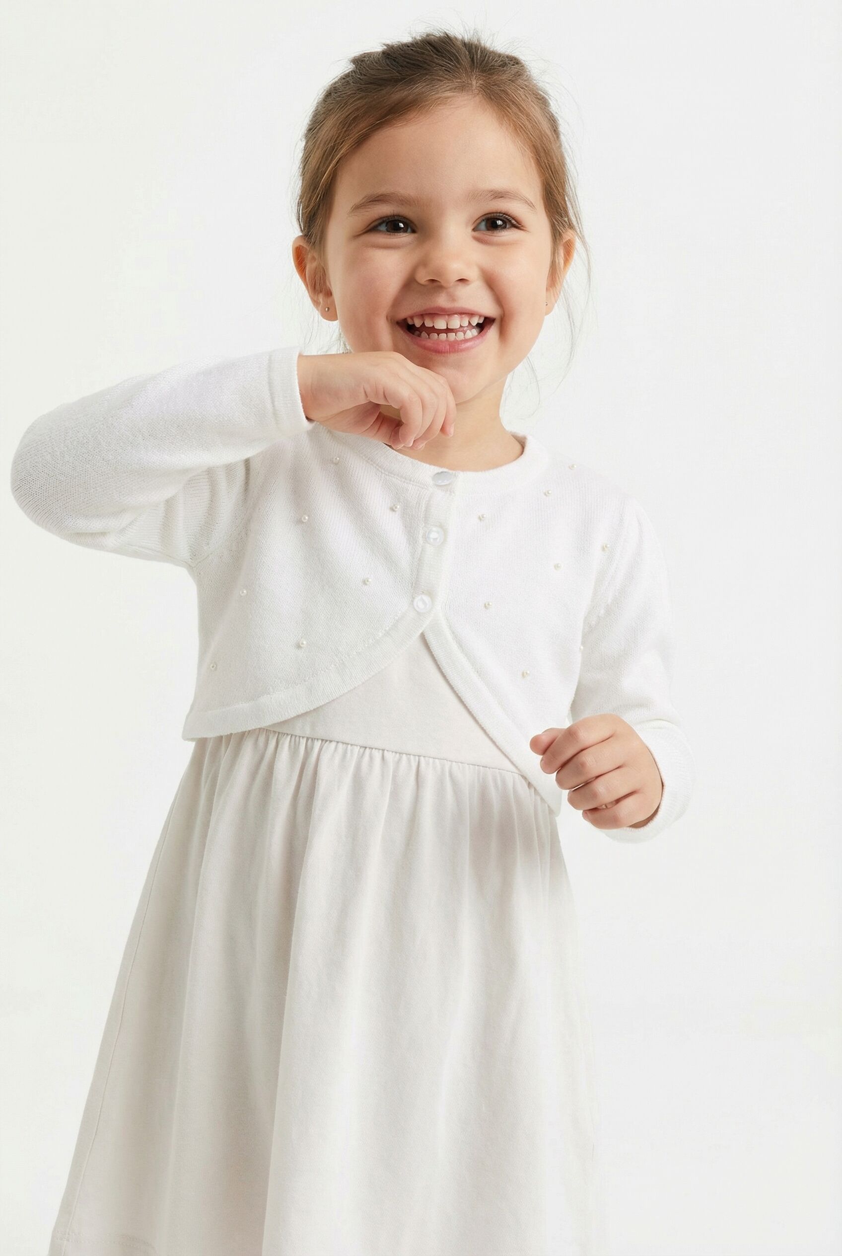 Bolero HAPPY GIRLS "cardigan", Mädchen, Gr. 110, weiß, Strick, Obermaterial: 100% Baumwolle, unifarben, bauchfrei, Rundhals, Strickjacken Bolero, vorne mit schönen Zierperlen bestickt