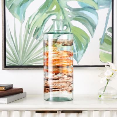 ARCILLA ELEMENTAL Clear Recycled Glass Abstract Spanish Bottle Vase with Swirled Colored Glass Bands
