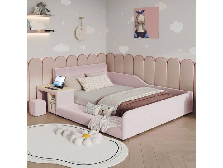 Lit rembourré enfant - WESTYLE - Lit Rembourré Enfant - 140 x 200 cm - Velours rose - Bureau et tabouret