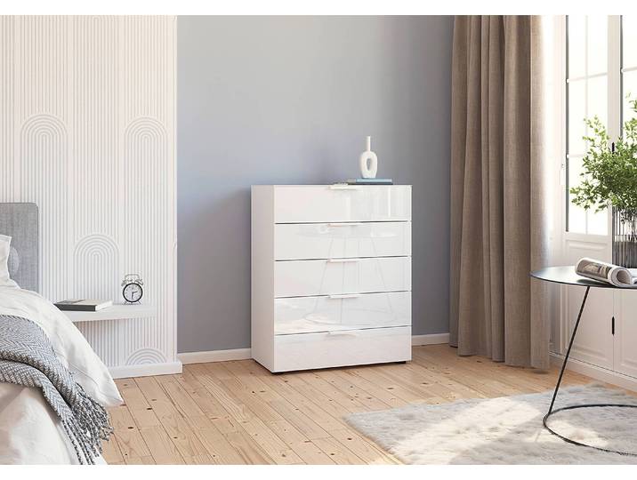 Commode Flipp en verre 5 tiroirs type B 80cm Blanc/Blanc