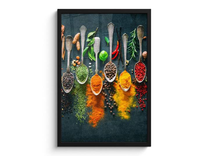 MuchoWow Poster MIT Rahmen Kräuter - Gewürze - Löffel Bilder mit Rahmen 40x60 cm, Currygelb, Papier, Rechteckig, 40x60 cm, gerahmt, Bilder & Rahmen, Bilder