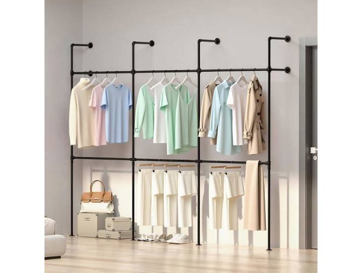 Koioplie Portant vêtements mural industriel en acier 450 kg penderie modulable avec 6 tringles réglables pour dressing boutique