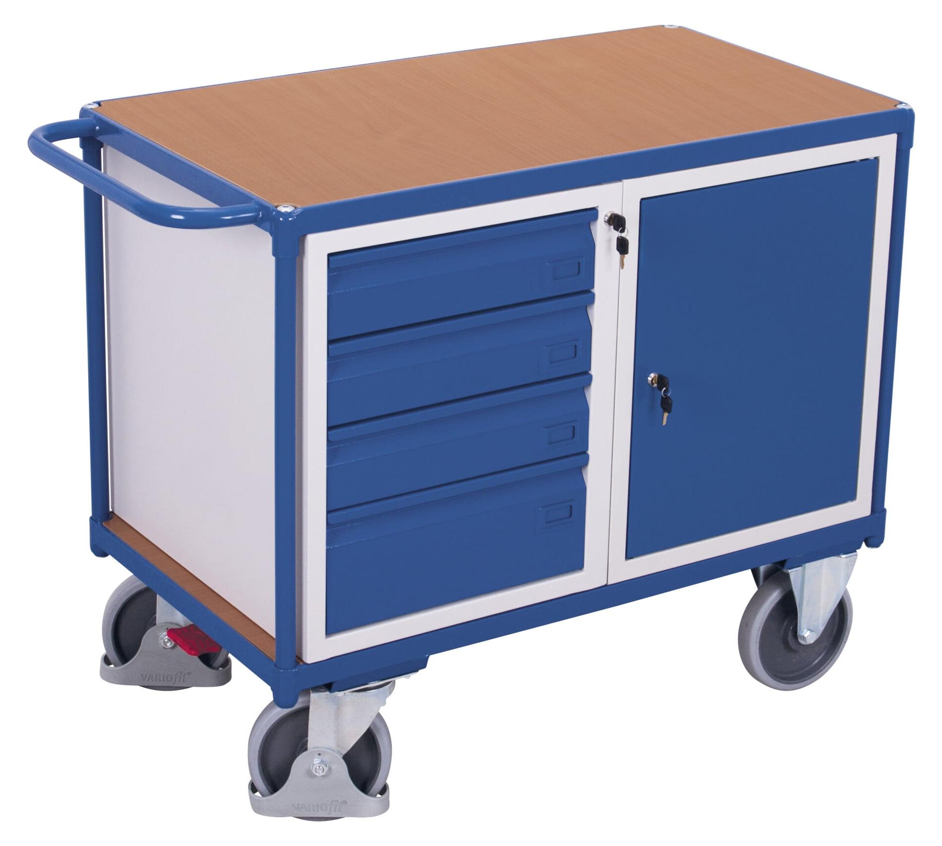 VARIOfit Werkstattwagen mit Schiebegriff, Schrank und 4 Schubladen RAL 5010 Enzianblau
