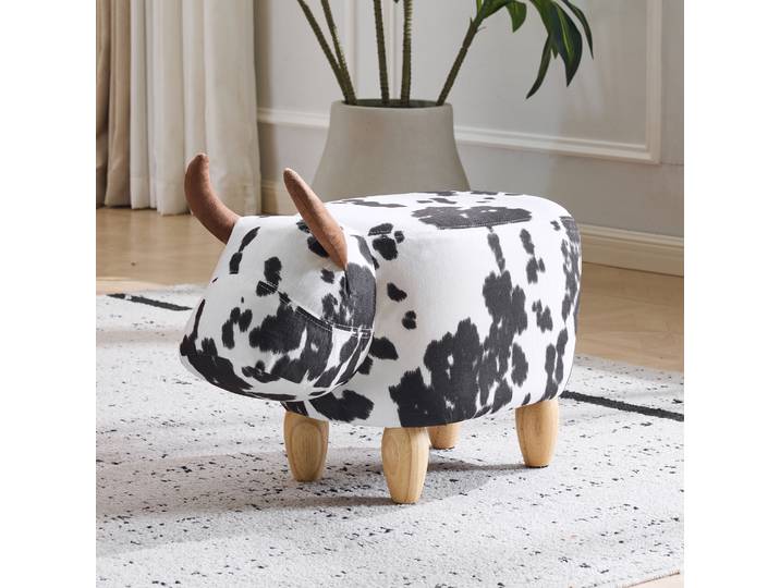 Comanlai Pouf rembourré en forme de vache mignonne, tabouret animalier en velours imprimé vache noir et blanc avec pieds en bois massif, siège multifonctionnel pour enfants et banc à chaussures pour