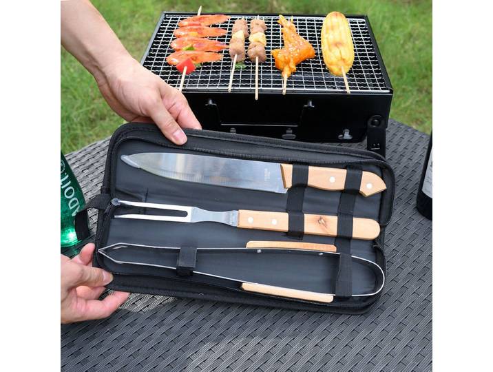4 Delig BBQ Gereedschapset in Draagtas - Barbeque accessoires Set - Grill - Barbeque Tang Spatel Vleesvork - Rvs/Hout