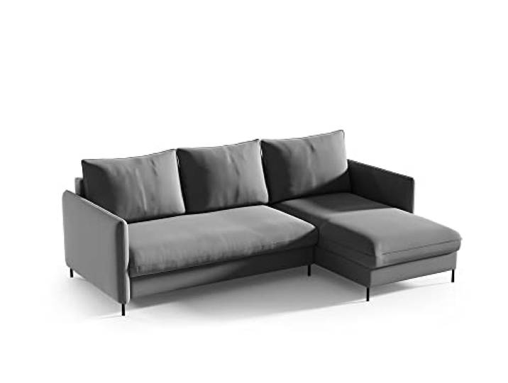 Sofello BELIS Ecksofa mit Schlaffunktion L-förm Liegefläche: 201 x 150 cm Boucle-Velours-Stoff Sofa 3-Sitzer Ecksofa mit Schlaffunktion und Bettkasten (Riviera 91 - grau)