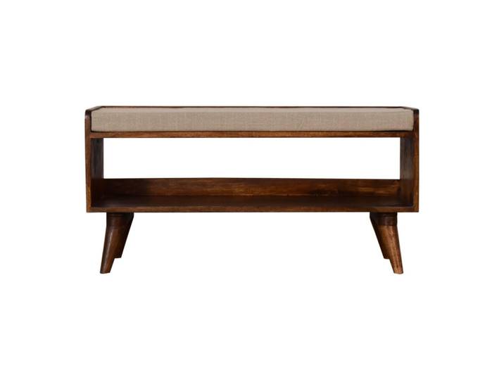 Artisan Furniture Schuhbank Massivholz Mud Leinen Nordic, Gepolsterte Sitzfläche und Offenes Regal zur Aufbewahrung, Dunkelbraun, Mangoholz, Echtholz,Mangoholz, 1 Fächer, Rechteckig, 90x45x34 cm, Garderobe, Schuhaufbewahrung, Schuhregale