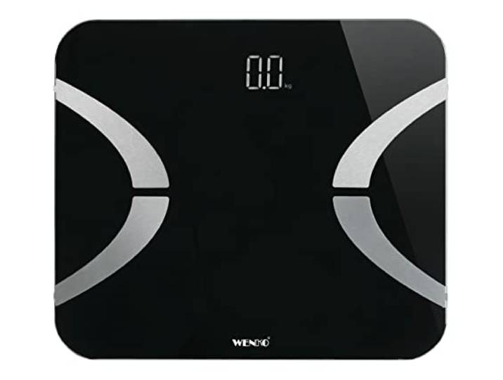 WENKO Lichaamsanalyseweegschaal LED, lichaamsvetweegschaal voor lichaamsvetgehalte, lichaamswatergehalte, spiermassa, botmassa, BMI, visceraal vet & stofwisseling, bluetooth personenweegschaal, veiligheidsglas, zwart