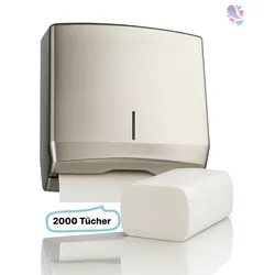SET: Falthandtuchspender Edelstahl FUTURA + 2.000 Blatt Zick-Zack PREMIUM Handtuchpapier Zel-TAD, Interfold, weiß, 2-lagig