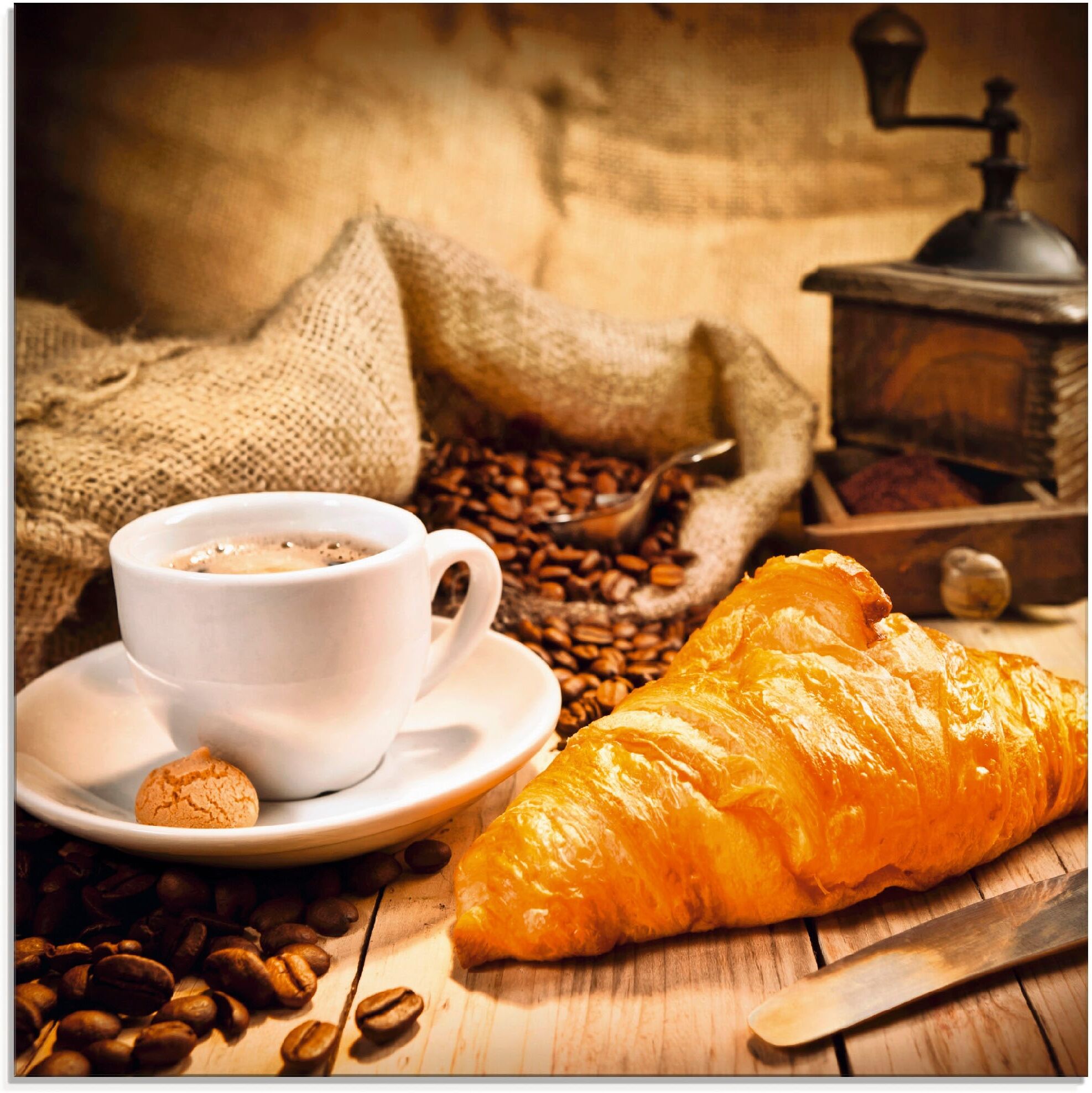 Glasbild ARTLAND "Kaffeetasse mit Croissant", braun (farbe bild(er): braun), B:40cm H:40cm, Bilder, Glasbild, in verschiedenen Grössen farbe bild(er): braun B/H/T: 40cm x 40cm, Glasbild Getränke, 1 Stk.