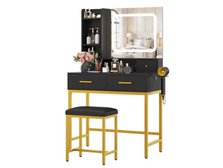 ZoomBuggy Schminktisch mit LED-Spiegel und Hocker, Schwarz 3 Farbmodi dimmbar, 2 Schubladen, offene Regale, 2 AC & 2 USB, Föhnhalter, Frisierkommode für Schlafzimmer