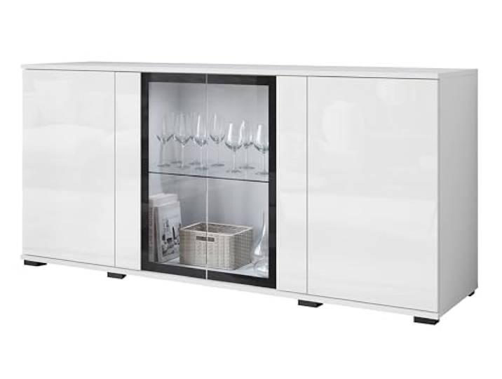 MINIO go for it – Kommode FARO Vitrine 150 cm ohne LED Glastüren, Farbe: Weiß matt / Weiß glänzend