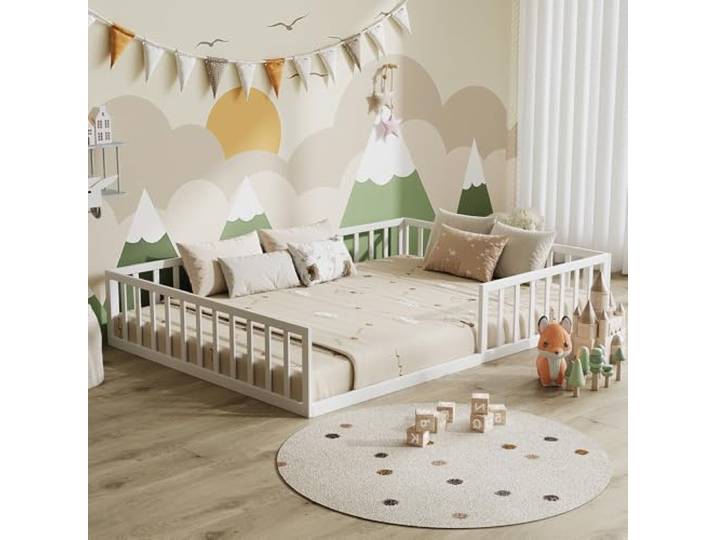 VitaliSpa Bodenbett Minno 140x200, Kinderbett aus Metall, Montessori Bett mit Rausfallschutz, niedrige Einstiegshöhe, Weiß
