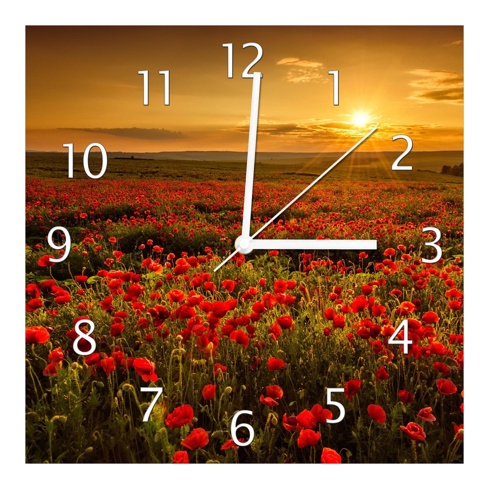 Wallario Uhr 20 x 20 cm, weiße Zeiger Mohnblumenwiese bei Sonnenuntergang am Abend