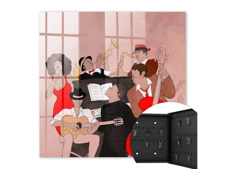 Tulup Schlüsselbox Schwarz 30x30 cm- Türöffnung nach rechts - Jazzszene, Rot, Metall, Tiere, Rechteckig, 30x30x5 cm, Garderobe, Schlüsselkästen & Schlüsselboards
