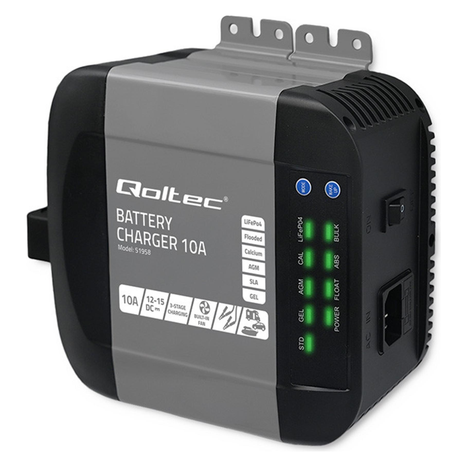 Qoltec Inteligentna ładowarka Monolith do akumulatorów LiFePO4 AGM GEL SLA | 10A | 12V (51958)