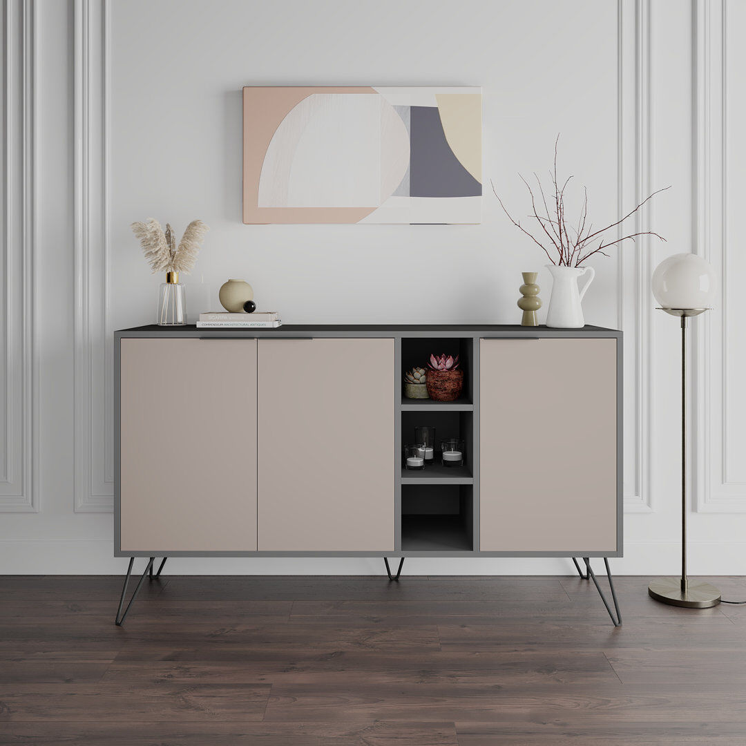 Hykkon Jaycee 142 Cm Wide Sideboard   Stylish Storage Cabinet with Metal Hairpin Legs Anthracite/Light Mocha 83cm H X 142cm W X 35.6cm D