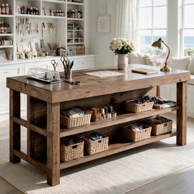 1Easylife "63"" Solid Wood Sewing Table, Craft Table with Storage,Large Work Surface,35.4"" Work Height,Open Shelving, Chair-Friendly Legroom"