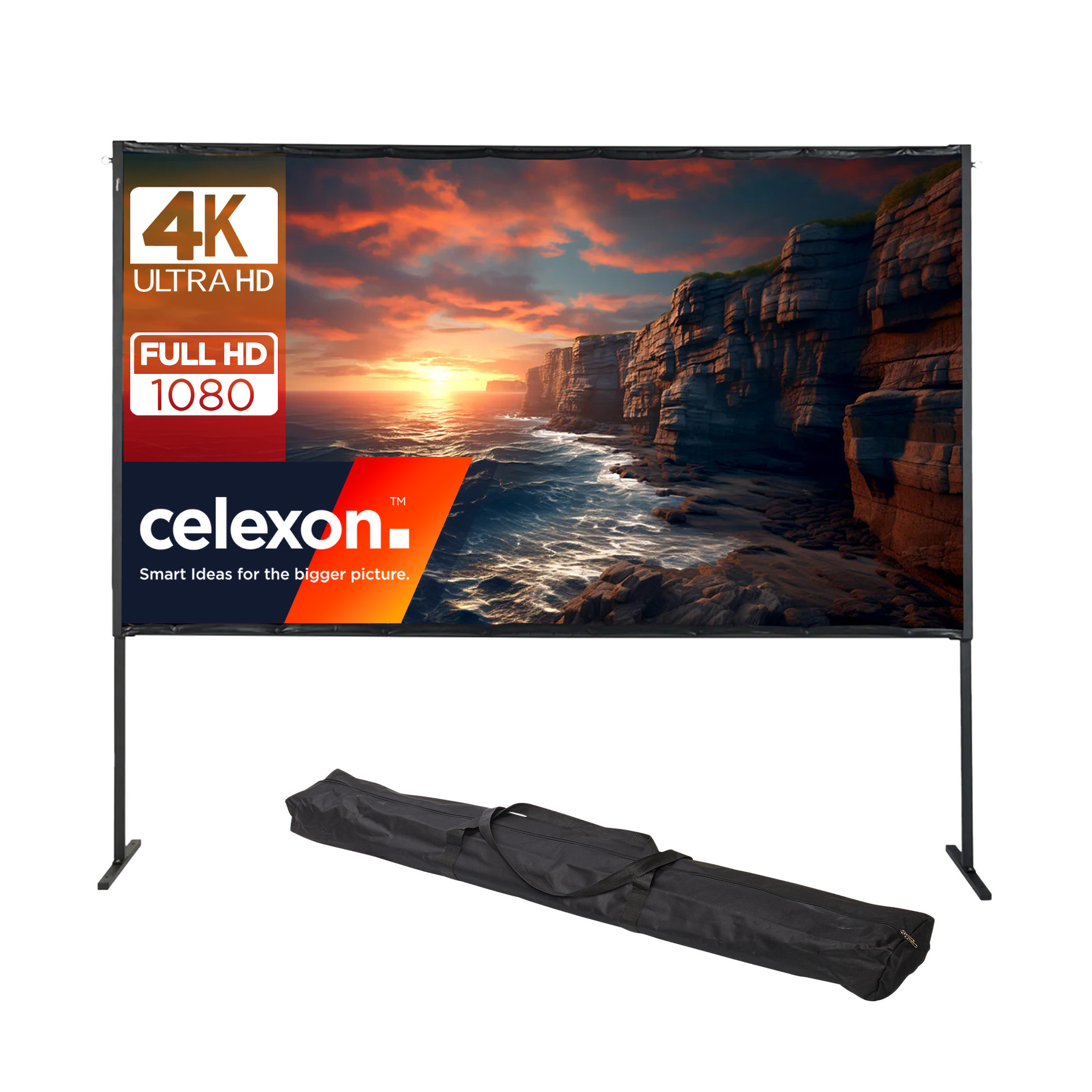 celexon basic line Faltrahmenleinwand 16:9, 100" - Rahmen-Leinwand, Heimkino- und Outdoor-Leinwand, Full-HD mit 3cm Maskierung - 221x124cm, Gain 0,9