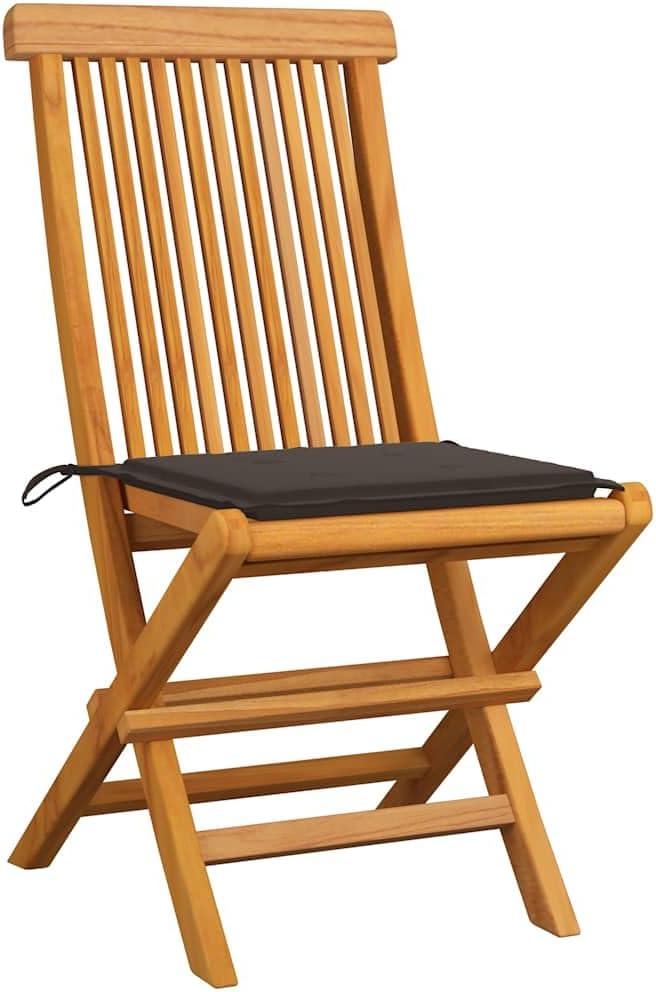 6 klappbare Garten-Essstühle aus massivem Teakholz mit taupefarbenen Kissen, elegant und komfortabel, technisch getrocknet und fein geschliffen, leicht zu reinigen, bis 110 kg belastbar