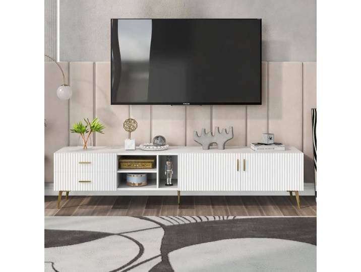 Meuble TV - Moderne pour Téléviseurs jusqu'à 75 Pouces - Blanc - 2 portes 2 tiroirs