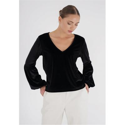 Langarmshirt FRESHLIONS "Viveka", Damen, Gr. S, schwarz, 100% Polyester, unifarben, normal, V-Ausschnitt, Shirts Langarmshirt, aus samtig, weichem Stoff hergestellt