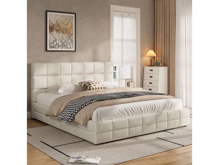 Lit 180x200 avec Tête de lit rembourrée Lit Double design moderne Cadre de lit capitonné 180x200 Beige Velours