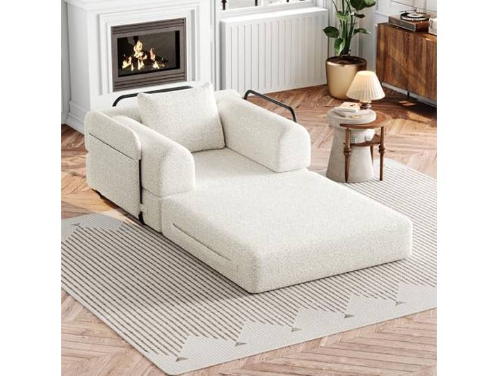 Chenille Schlafsofa klappbar 1-Sitzer Beige mit Staufach 2-in-1 Schlafsofa mit Staufach in der Armlehne und drei Metallrahmen