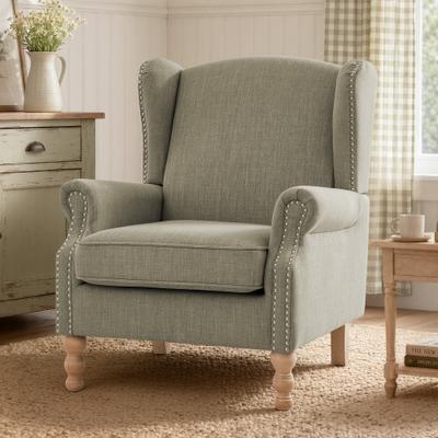 Velocisca Linen Wingback Accent Chair, English Country Armchair with Nailhead Trim and Rolled Arms for Living Room