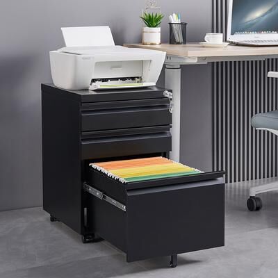 Ostweer Modern 3-Drawer Mobile Filing Cabinet with Lock, Stationery Drawers and Removable Hanging Rods, for Home Office