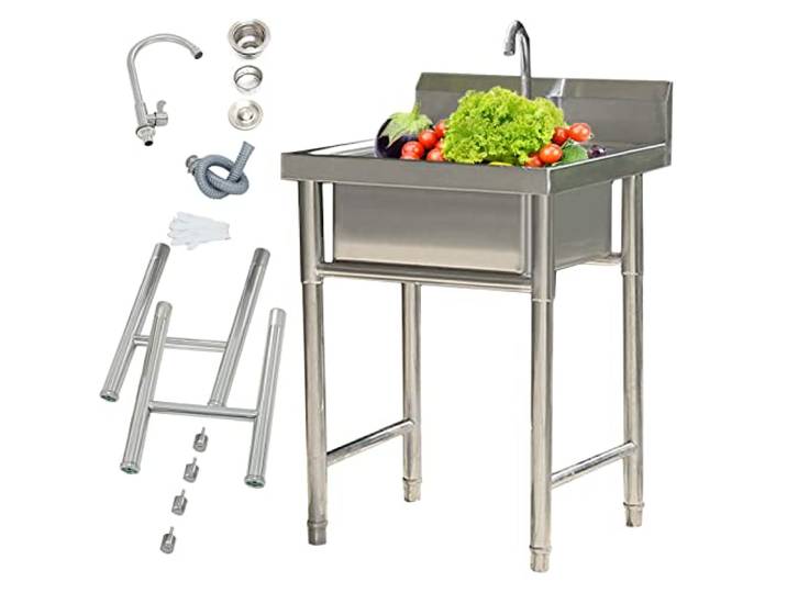 ZQFHSX Küchenspüle aus Stahl, Ausgussbecken mit Armatur, freistehende Einzelbecken-Spüle für den gewerblichen Einsatz, z. B. für Arbeitsplätze, Außenküchen oder Bars