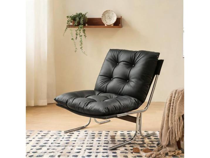 Fauteuil lounge simili cuir noir – pieds chromés assise amovible design compact pour salon et chambre