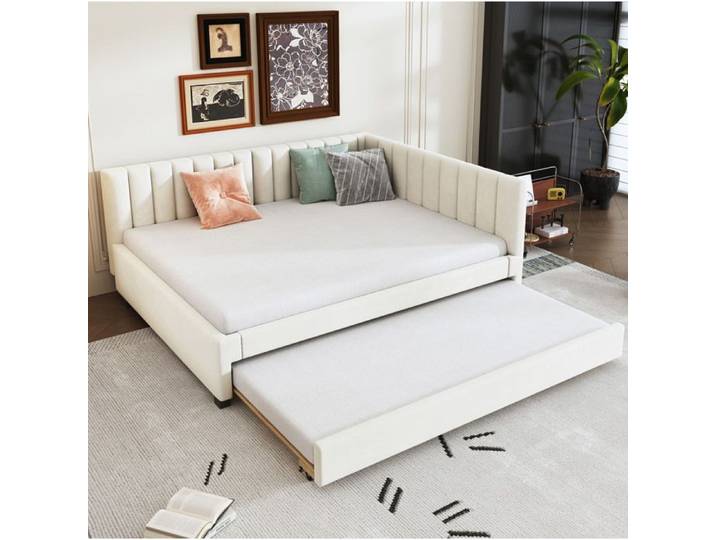 Lit Gigogne 140×200cm - 2 Places - Dossier en L - Sommiers Inclus - Velours Beige