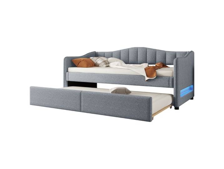 VLIVRA Lit gigogne Lit Simple - LED Réglable - 90×200 cm et 90×200 cm - sans Matelas - en Lin Gris