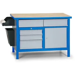 Werkbank GD, 5 Schubladen, Fichte + beidseitig furniertes Fichten-Sperrholz, 5 Schubladen, 1 Schrank, 1190 x 600 x 850 mm, blau / grau