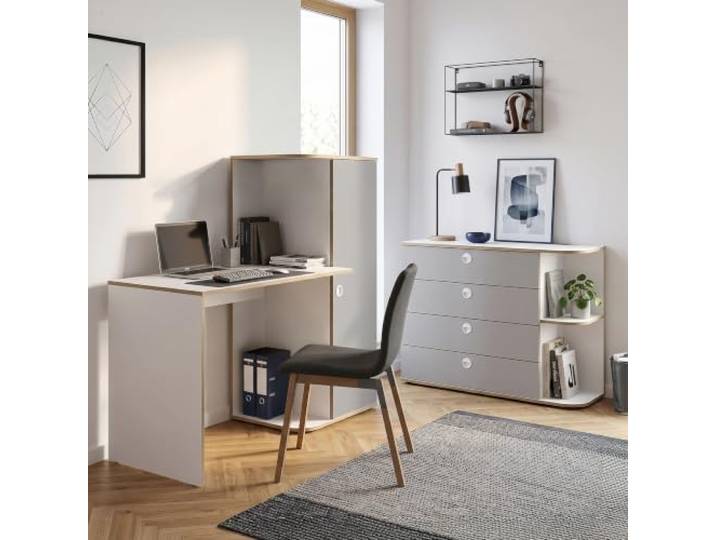 Lomadox Jugendzimmer Schreibtisch und Kommode in Grau mit Weiß, 2-teilig
